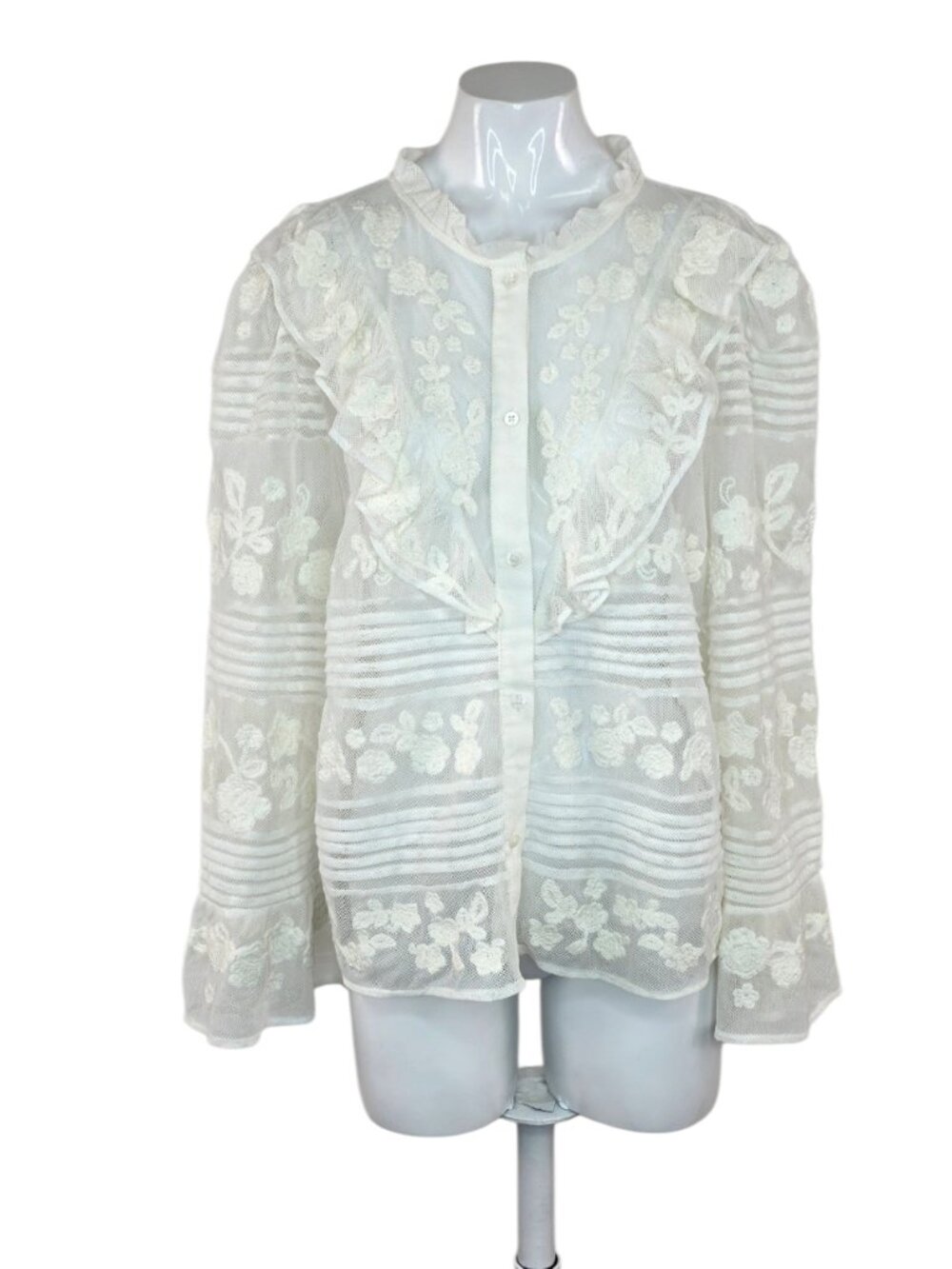 Sezane Nele Shirt, Embroidered, Tulle, Gathered Collar, Applique, Sheer,46/US 14